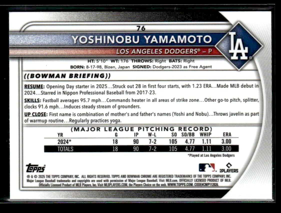 2025 Bowman Chrome #76 Yoshinobu Yamamoto