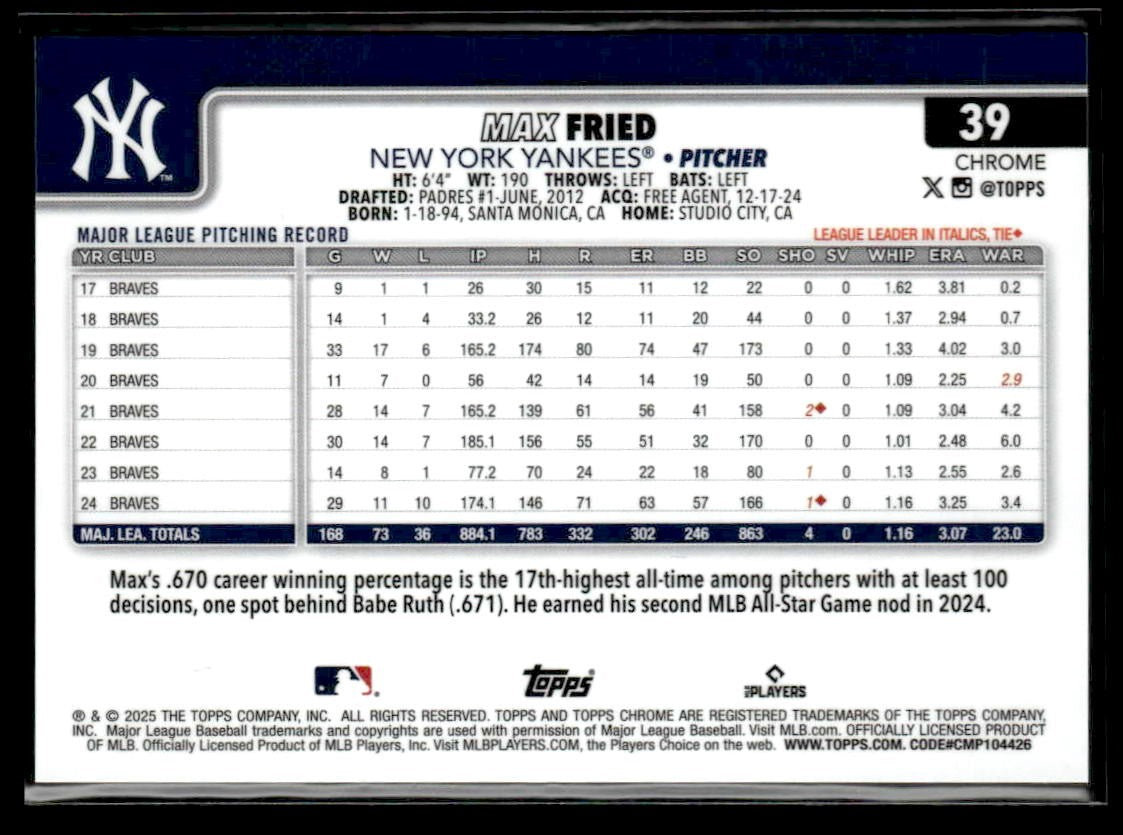 2025 Topps Chrome Logofractor Edition #39 Max Fried Gold Refractor #/50