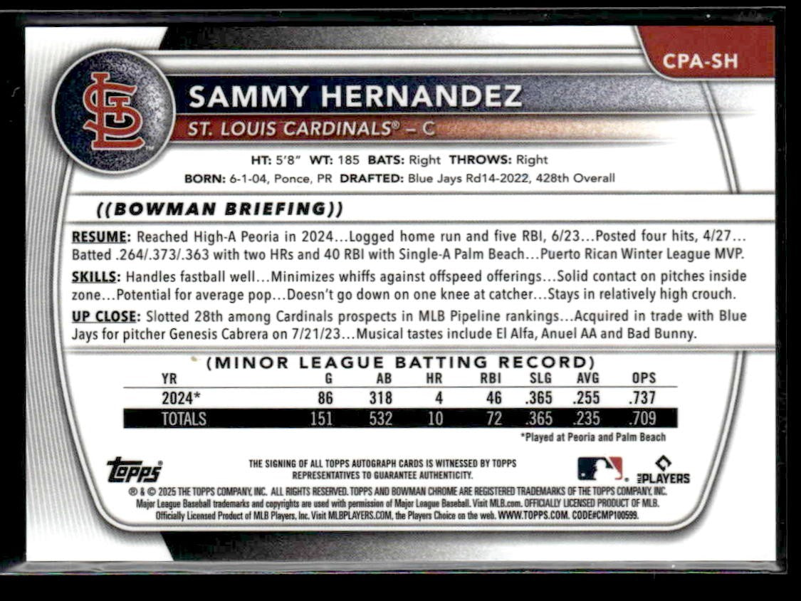 2025 Bowman Chrome #CPA-SH Sammy Hernandez Prospect Autographs