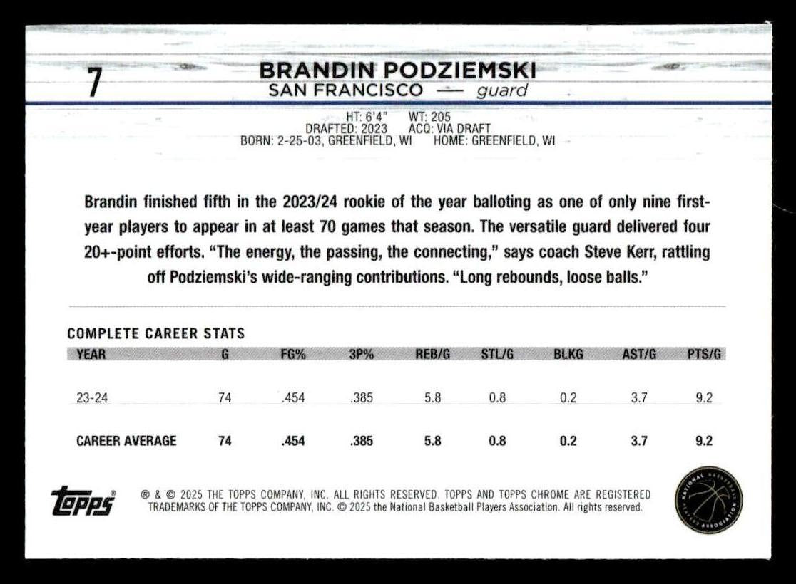 2024-25 Topps Chrome #7 Brandin Podziemski