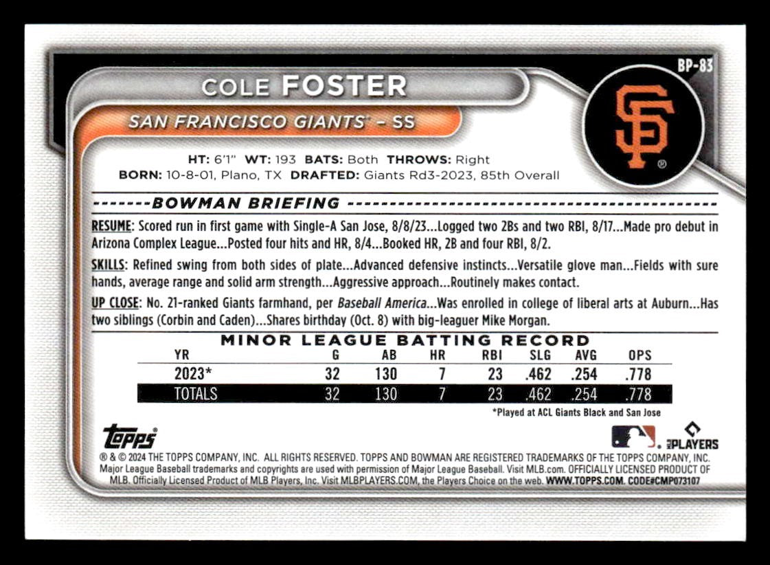 2024 Bowman #BP-83 Cole Foster Prospects