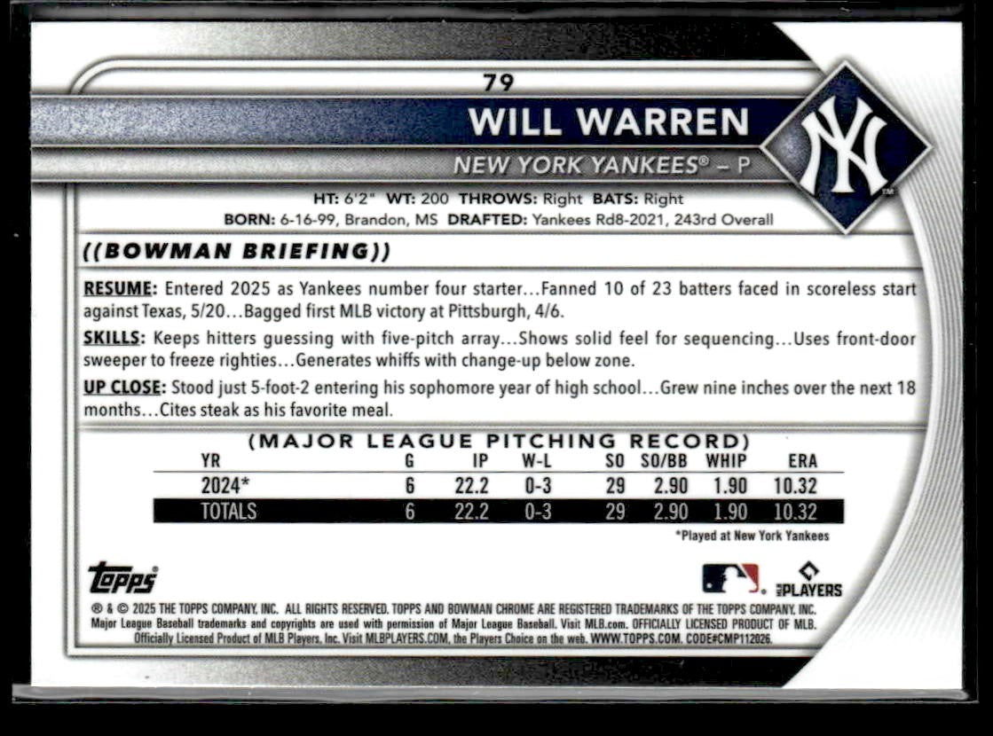 2025 Bowman Chrome #79 Will Warren