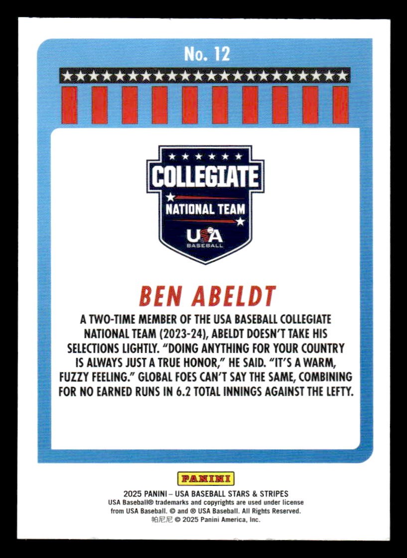2025 Panini Stars and Stripes USA Baseball #12 Ben Abeldt Opening Day