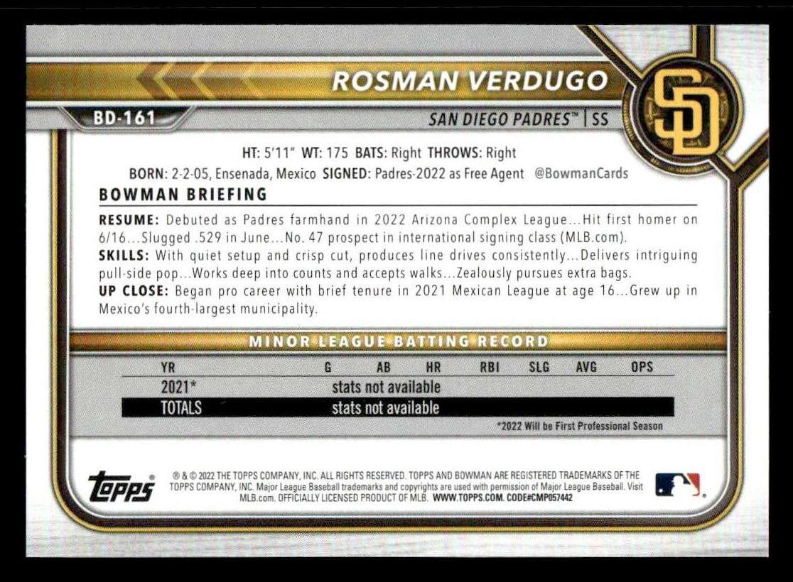 2022 Bowman Draft 1st Edition #BD-161 Rosman Verdugo