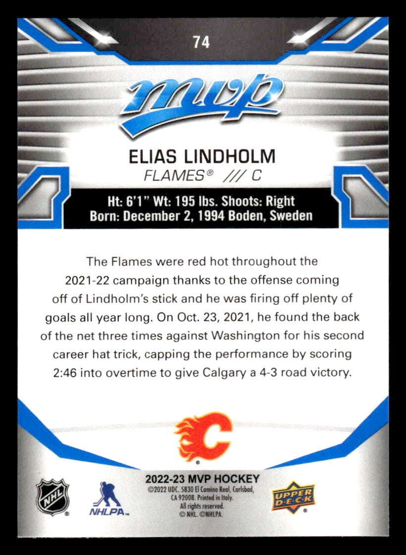 2022-23 Upper Deck MVP #74 Elias Lindholm Blue Script