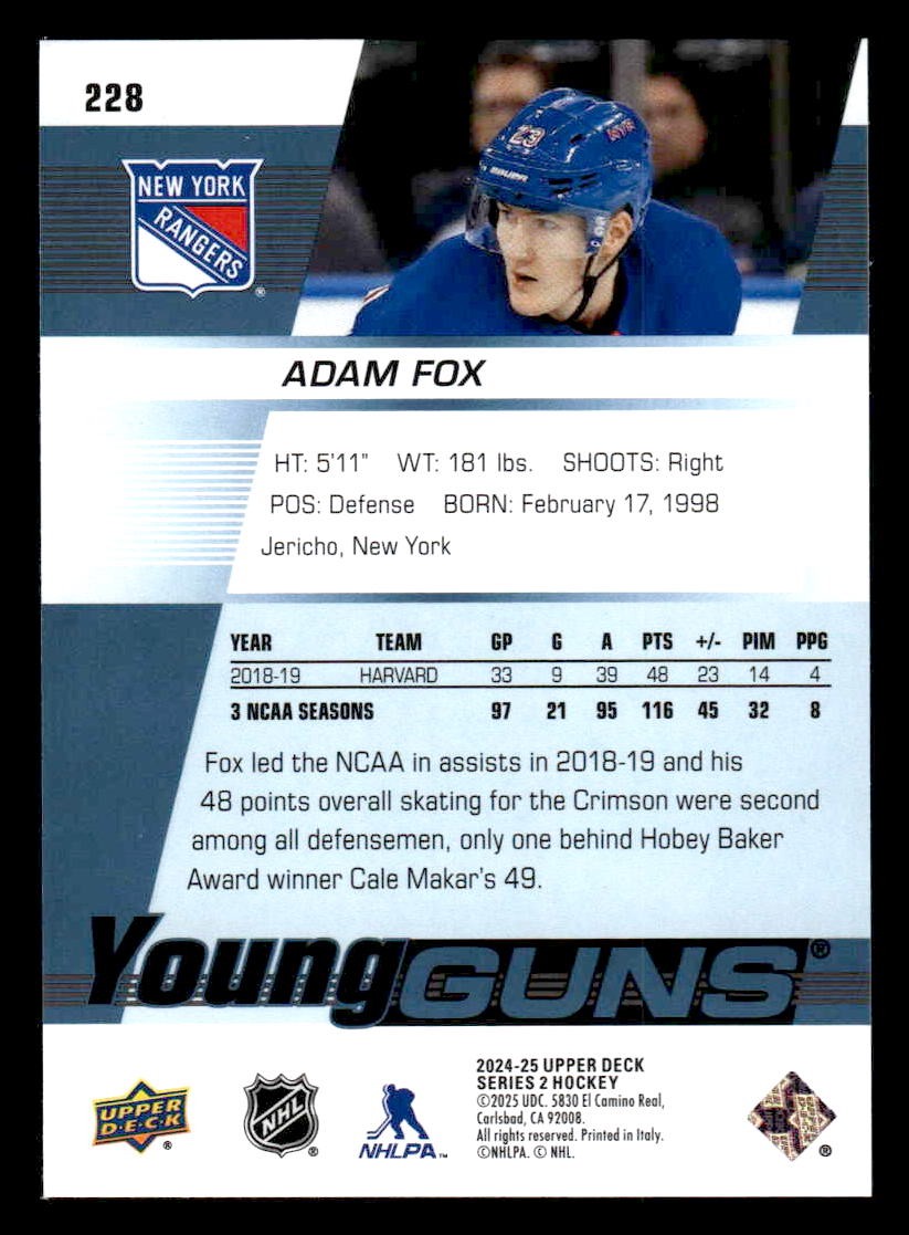2024-25 Upper Deck #228 Adam Fox Young Guns Renewed (Series Two)