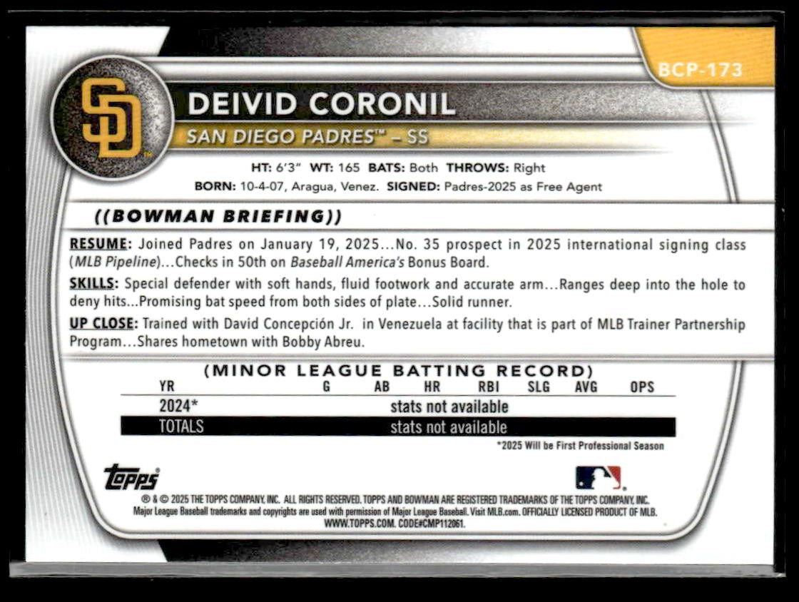 2025 Bowman Chrome #BCP-173 Deivid Coronil Purple Shimmer Refractor #216/250