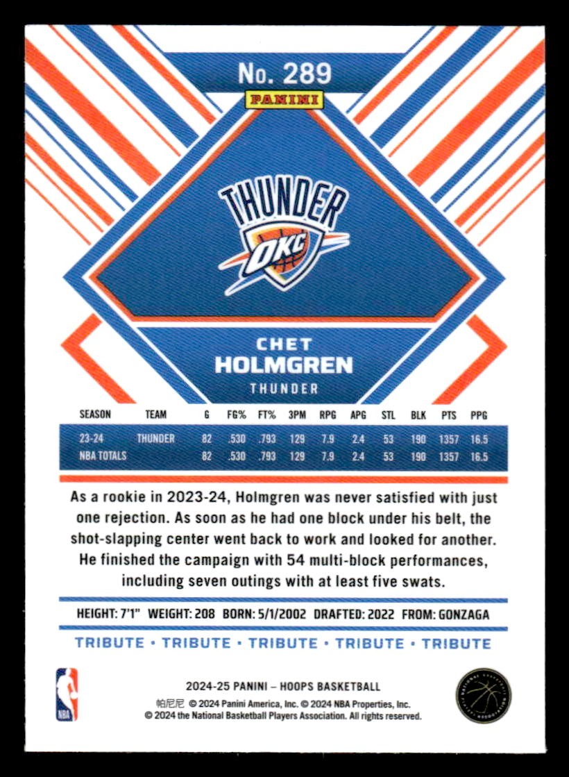 2024-25 Hoops #289 Chet Holmgren Base Hoops Tribute