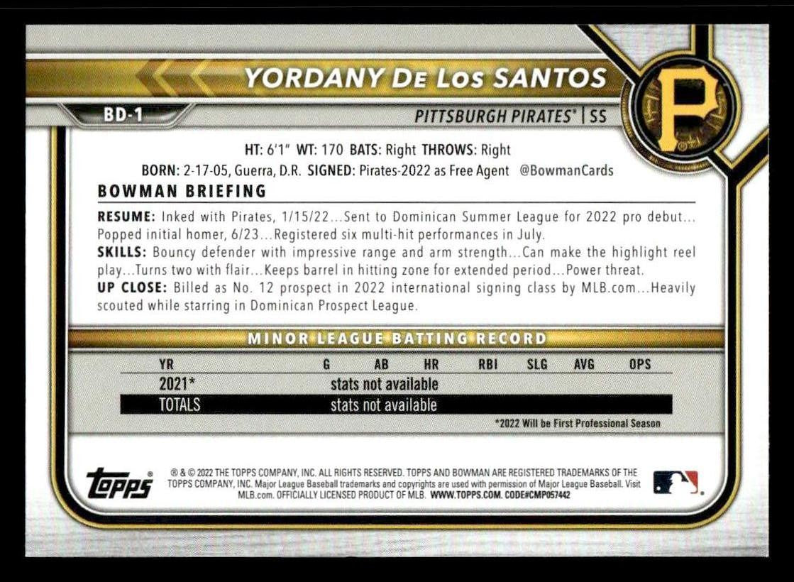 2022 Bowman Draft 1st Edition #BD-1 Yordany De Los Santos