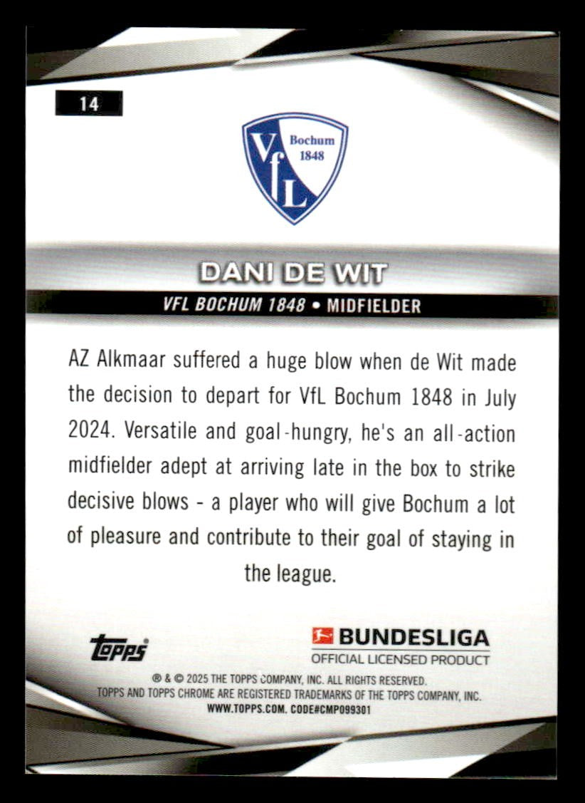 2025 Topps Chrome Bundesliga #14 Dani De Wit Pulsar Refractor
