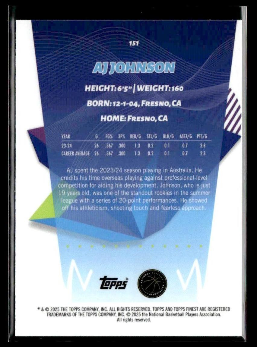 2024-25 Topps Finest #151 AJ Johnson Purple Refractor