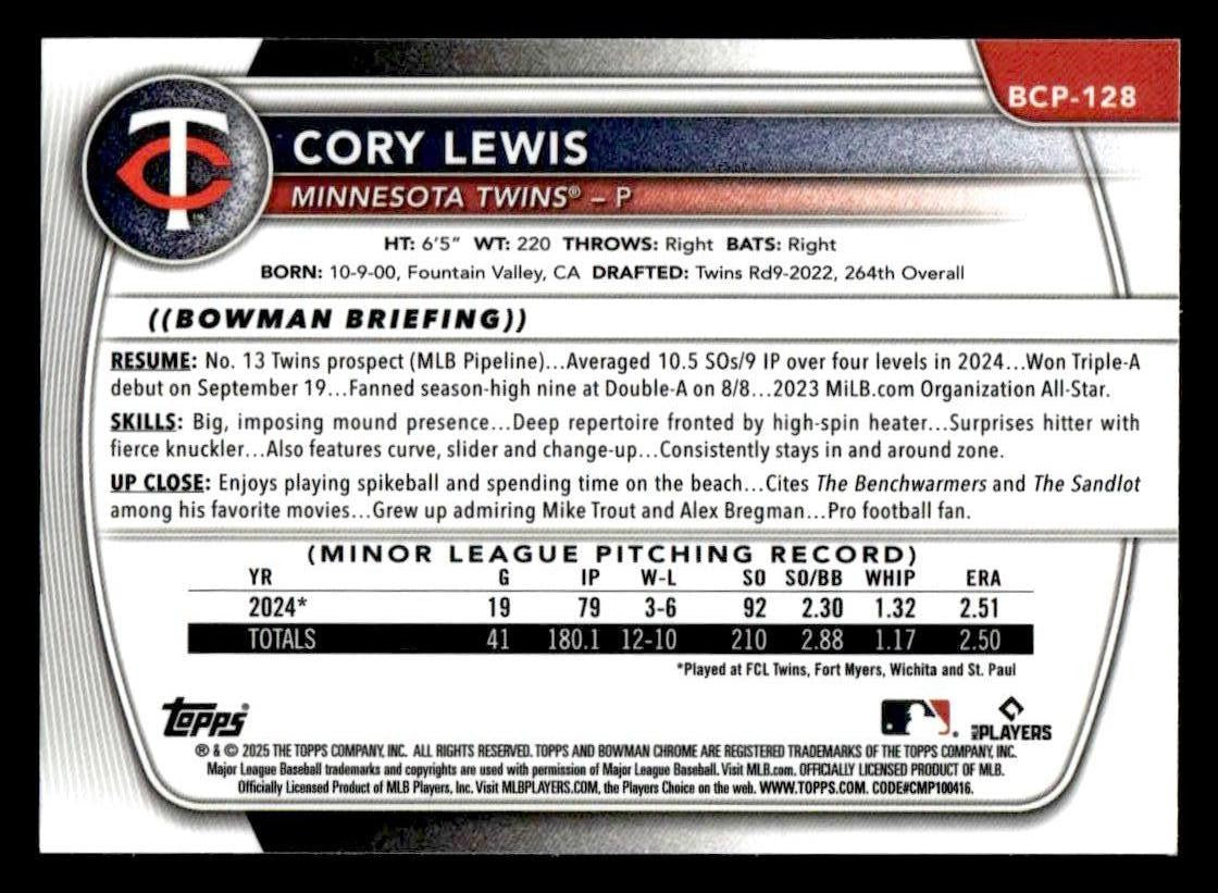 2025 Bowman #BCP-128 Cory Lewis Chrome Prospects