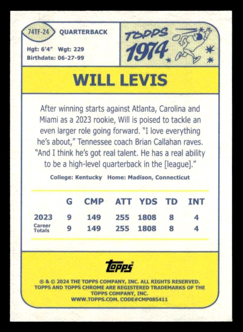 2024 Topps Chrome #74TF-24 Will Levis 1974 Topps Football Lazer Refractor