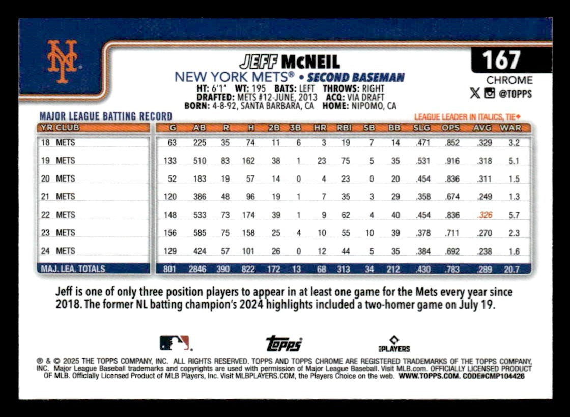 2025 Topps Chrome #167 Jeff McNeil
