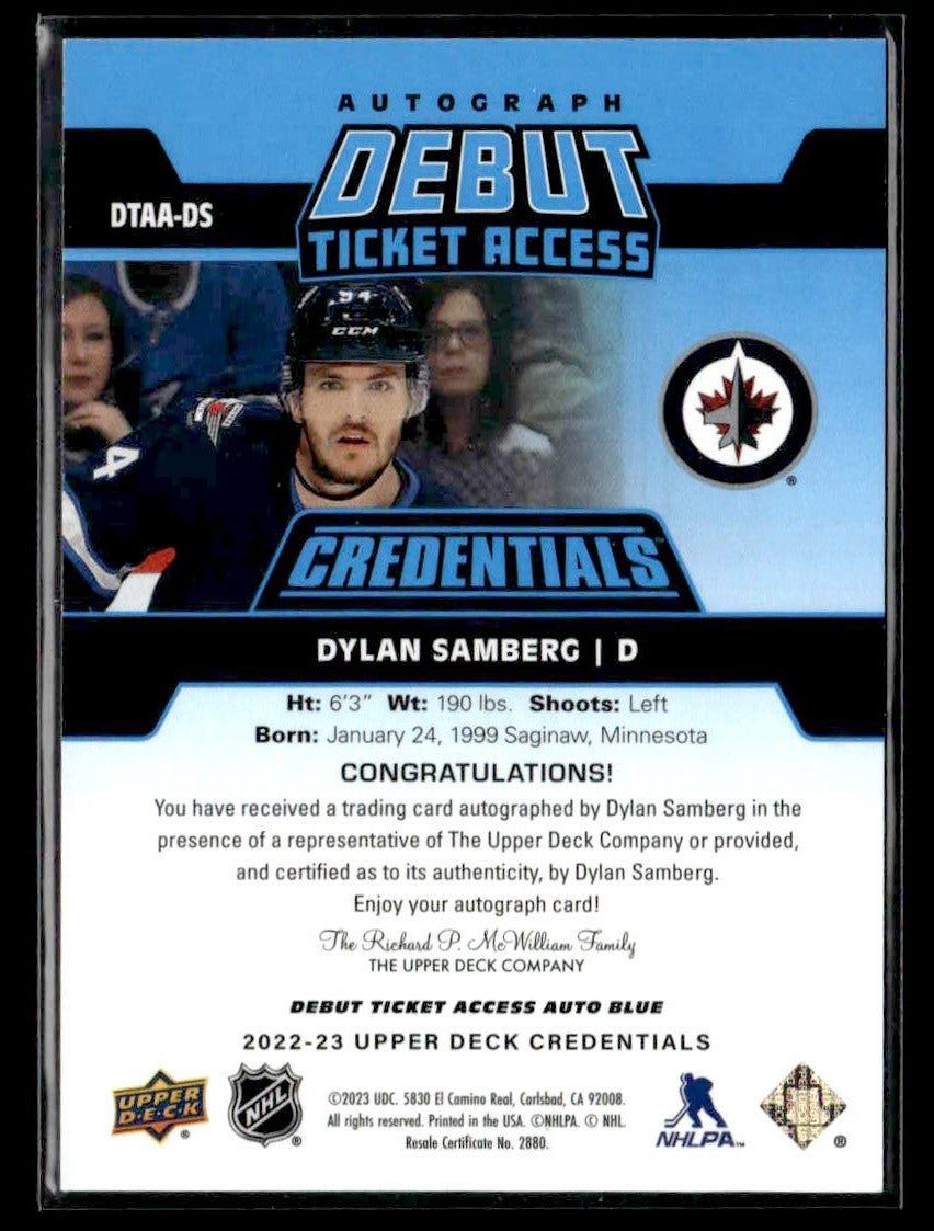 2024-25 Upper Deck Cred #DTAA-DS Dylan Samberg Debut Ticket Auto Blue #/35