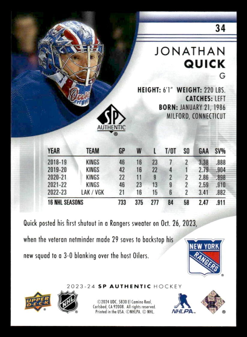 2023-24 SP Authentic #34 Jonathan Quick