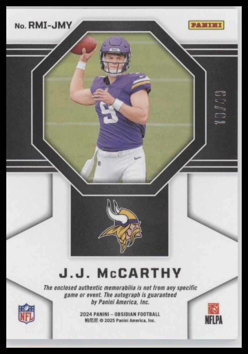 2024 Panini Obsidian - Rookie Materials Ink J.J. McCarthy #RMI-JJM Deep Sea Mojo