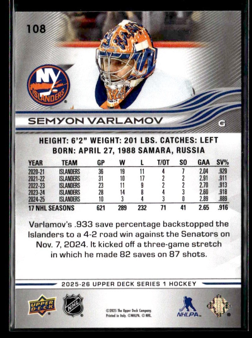 2025-26 Upper Deck #108 Semyon Varlamov