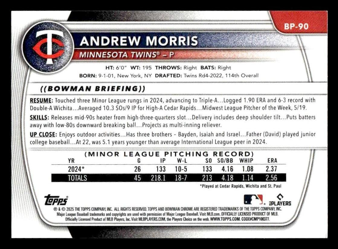 2025 Bowman #BP-90 Andrew Morris Prospects