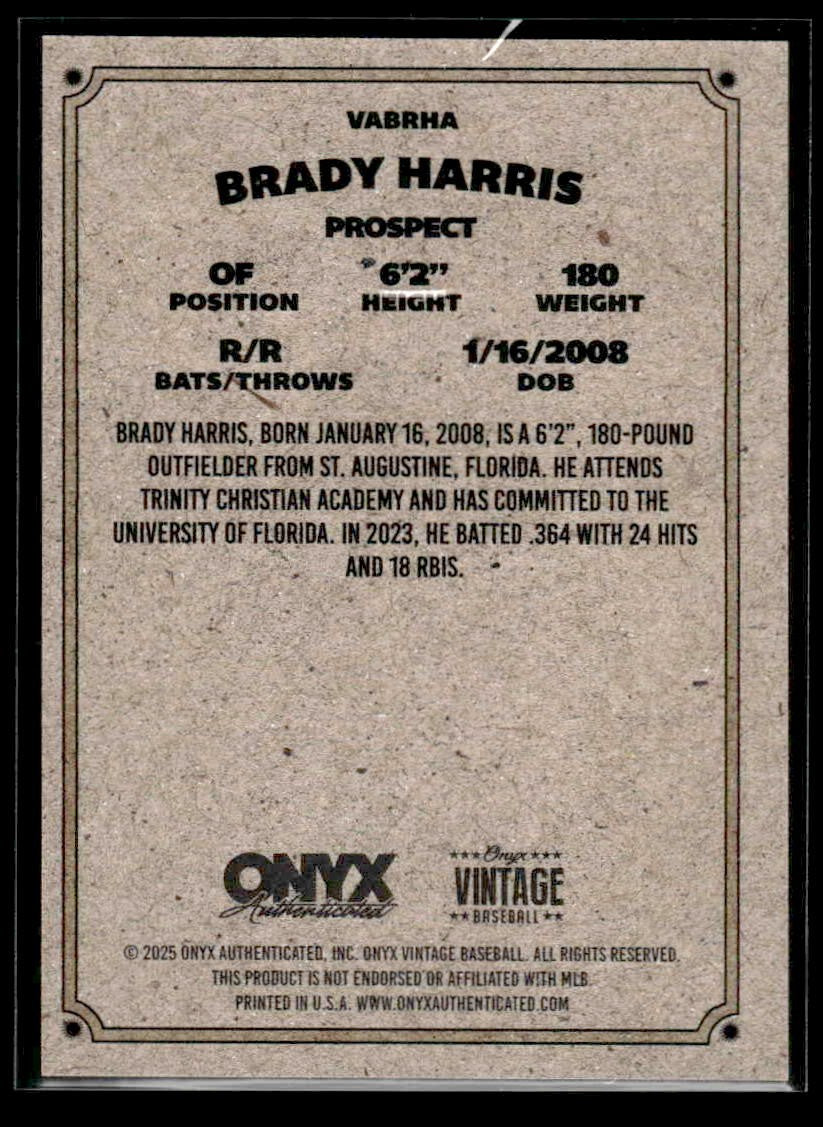 2025 Onyx Vintage #VABRHA Brady Harris Autographs