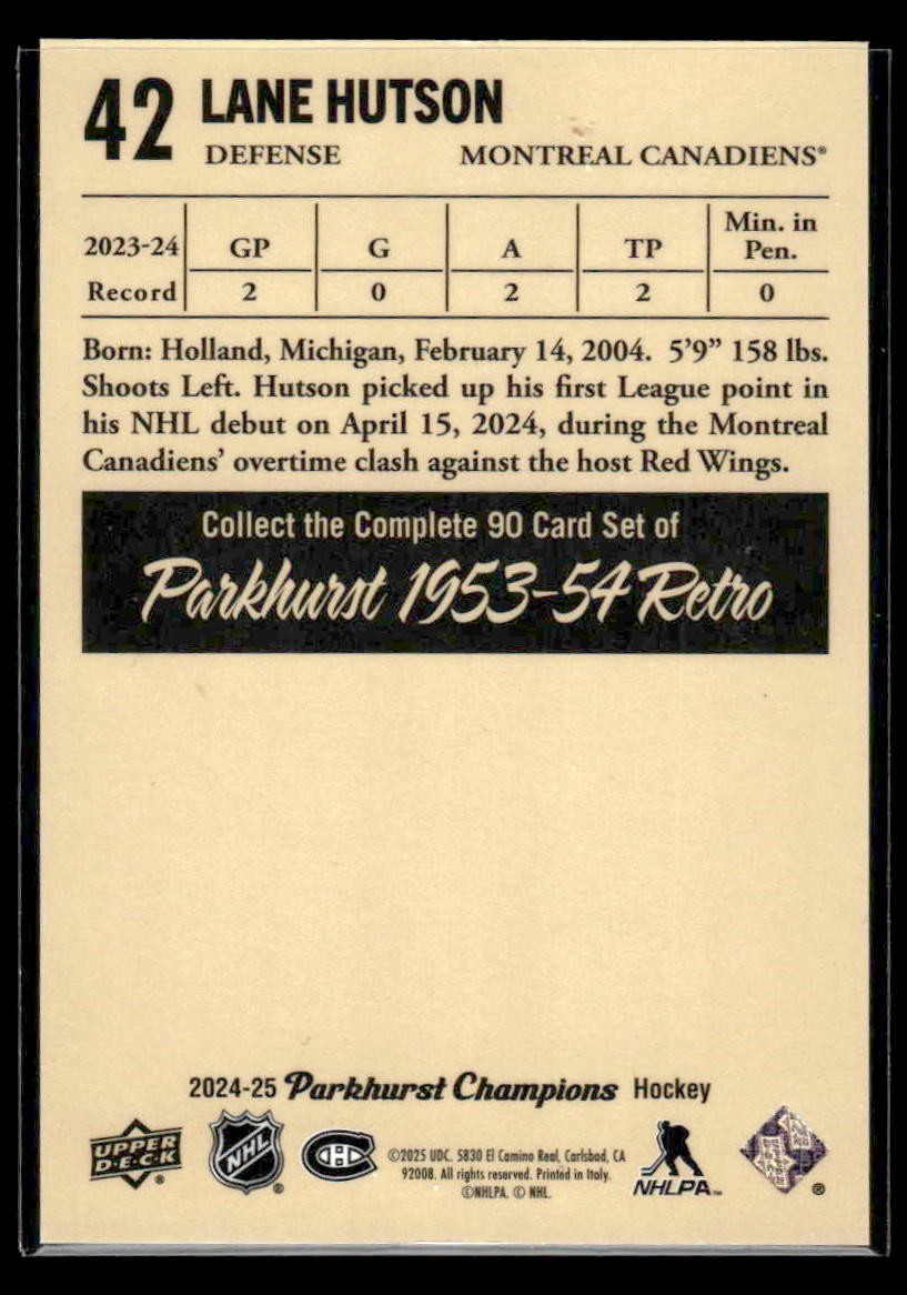 2024-25 Parkhurst Champions #42 Lane Hutson 1953-54 Retros