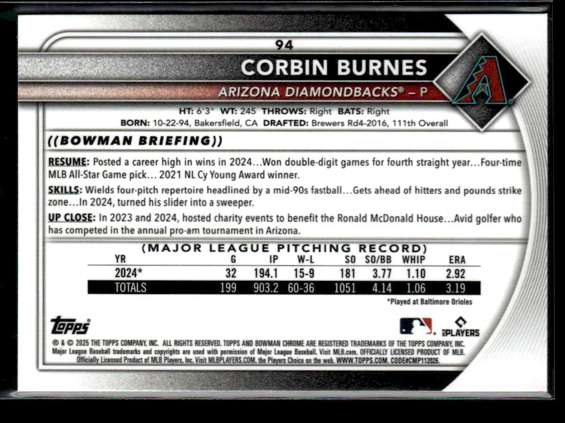 2025 Bowman Chrome #94 Corbin Burnes