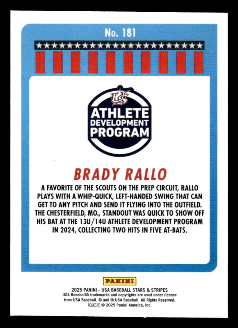 2025 Panini Stars and Stripes USA Baseball #181 Brady Rallo