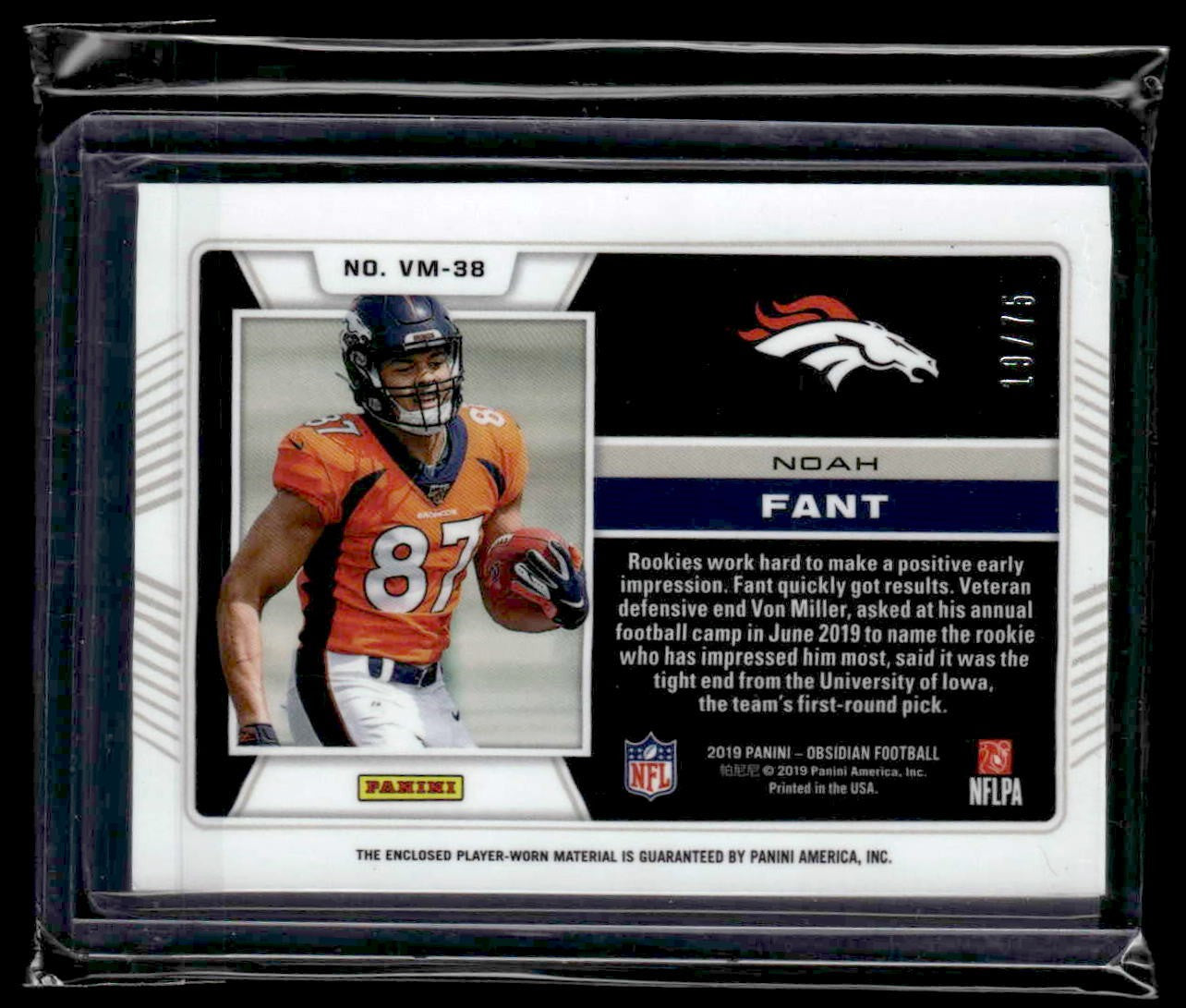 2019 Panini Obsidian #VM-38 Noah Fant Volcanic Material #/75