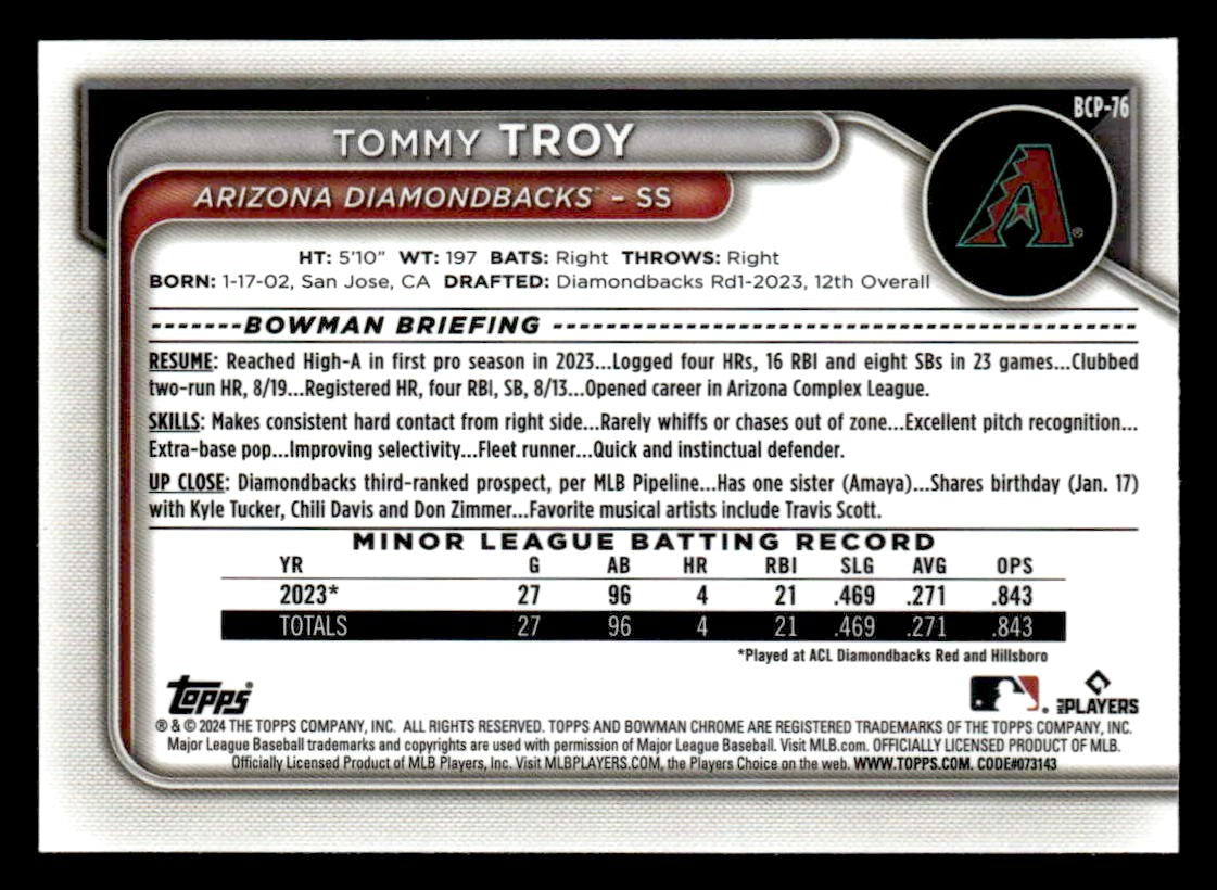 2024 Bowman #BCP-76 Tommy Troy Chrome Prospects
