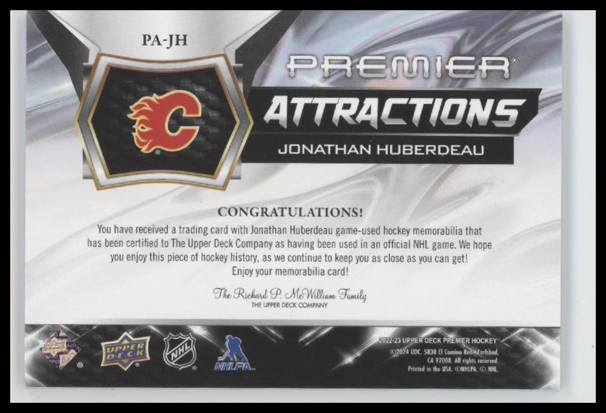 2022-23 Upper Deck Premier #PA-JH Jonathan Huberdeau Premier Attractions Patch