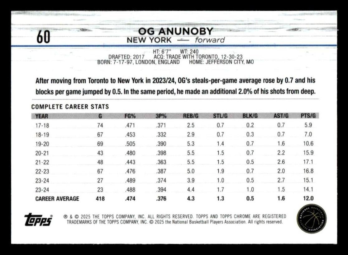 2024-25 Topps Chrome #60 OG Anunoby