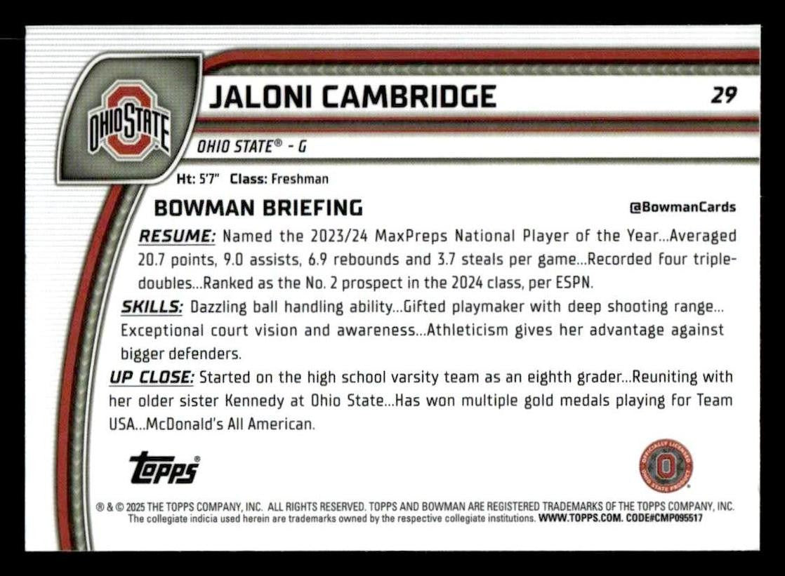2024-25 Bowman University Chrome #29 Jaloni Cambridge