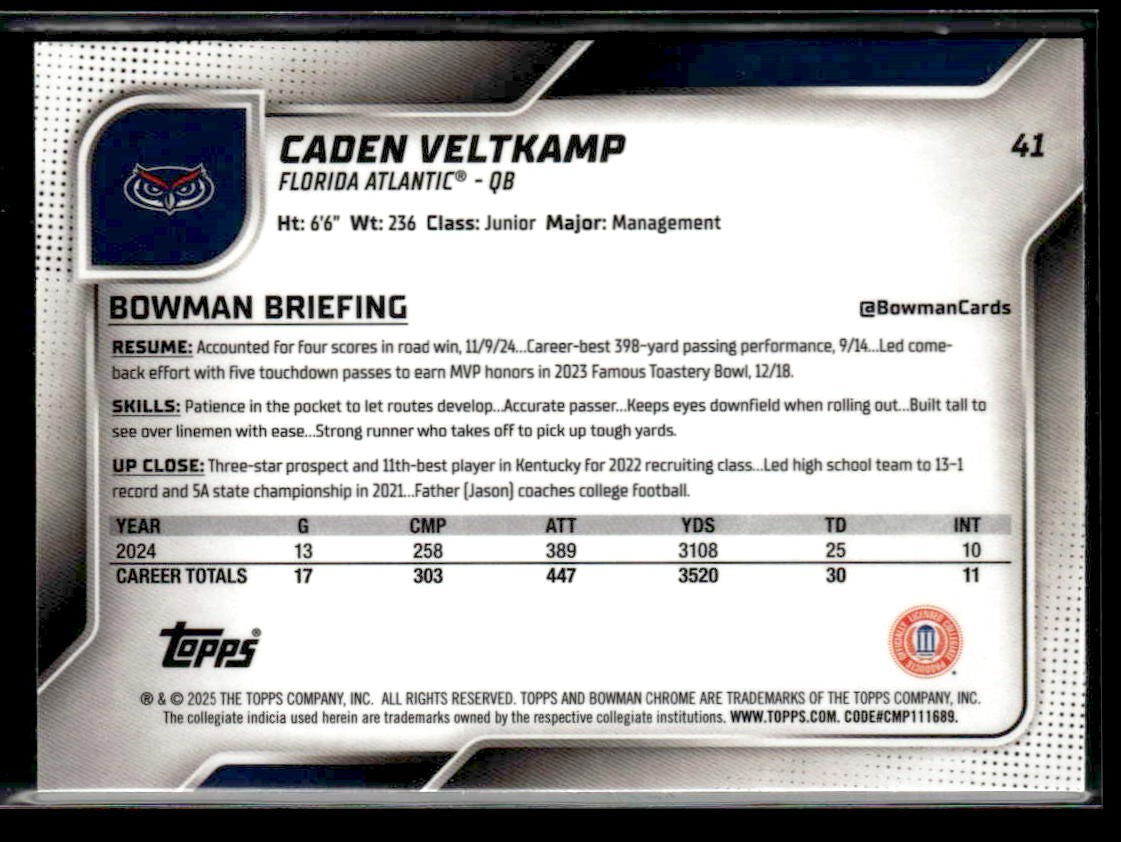 2025 Bowman U Chrome #41 Caden Veltkamp Yellow Mini-Diamond Refractor #/350