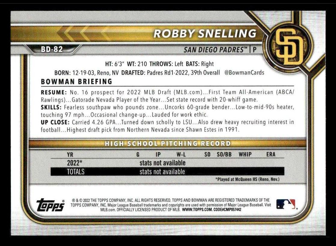 2022 Bowman Draft 1st Edition #BD-82 Robby Snelling