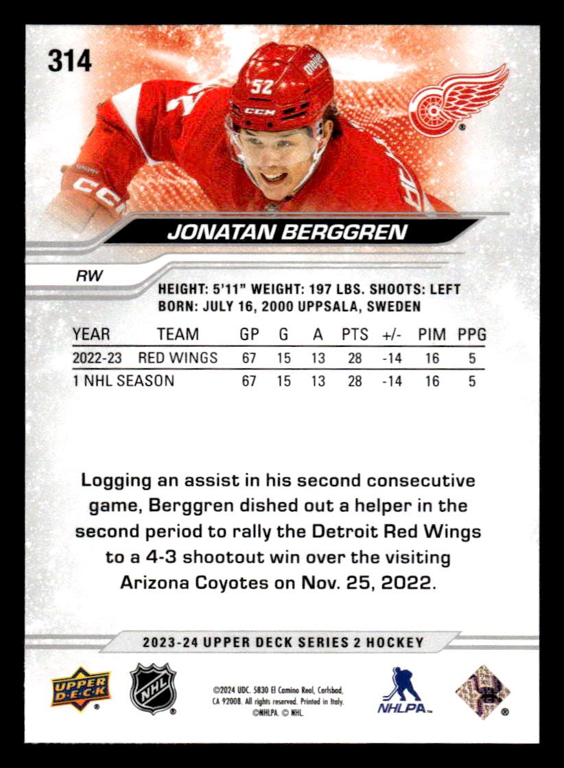 2023-24 Upper Deck #314 Jonatan Berggren