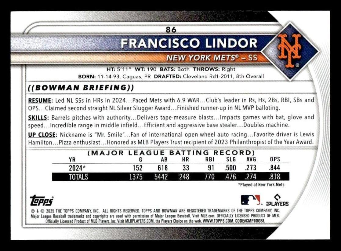 2025 Bowman #86 Francisco Lindor