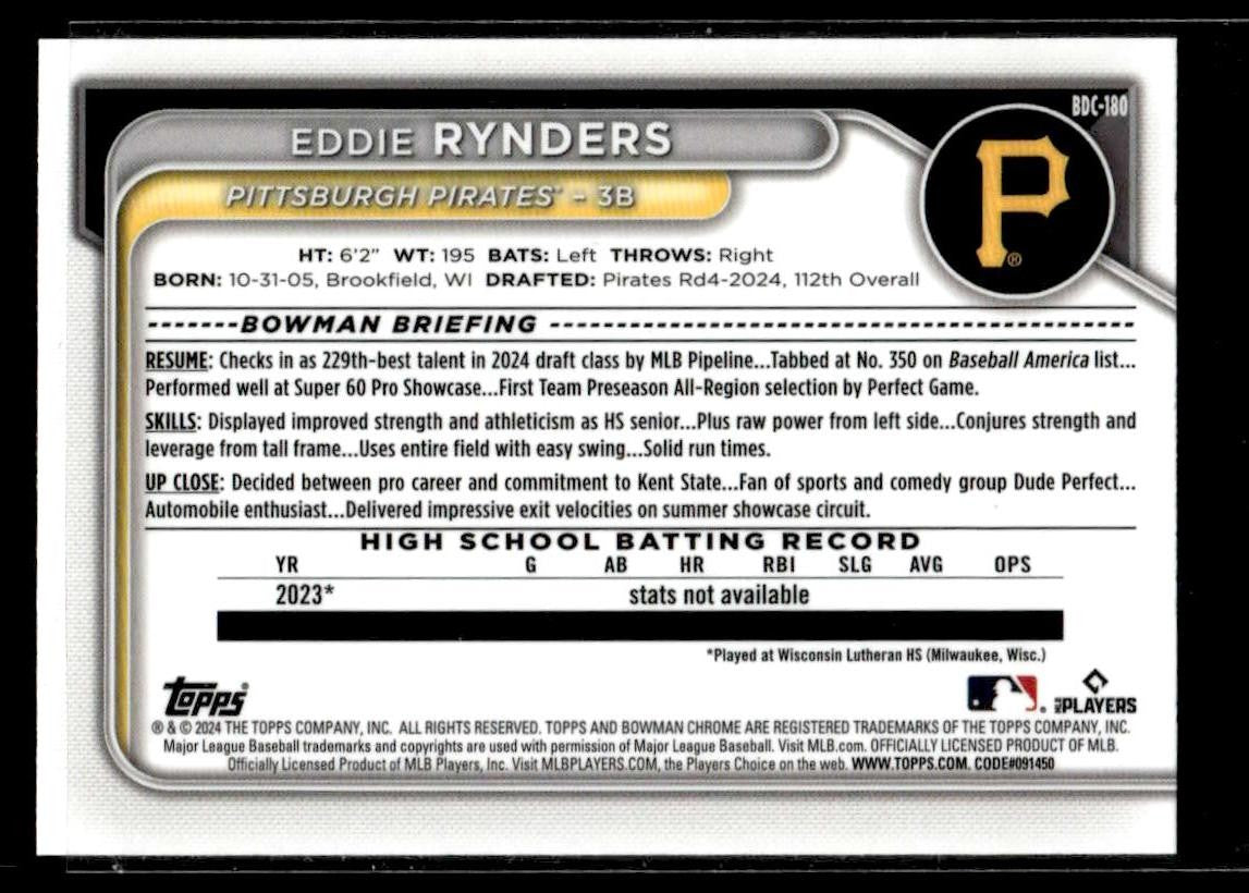 2024 Bowman Draft #BDC-180 Eddie Rynders Chrome