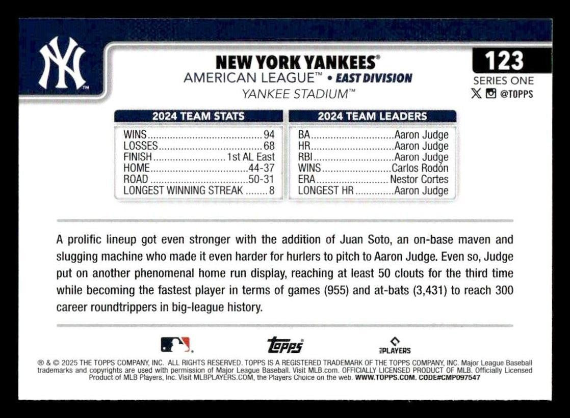 2025 Topps #123 New York Yankees