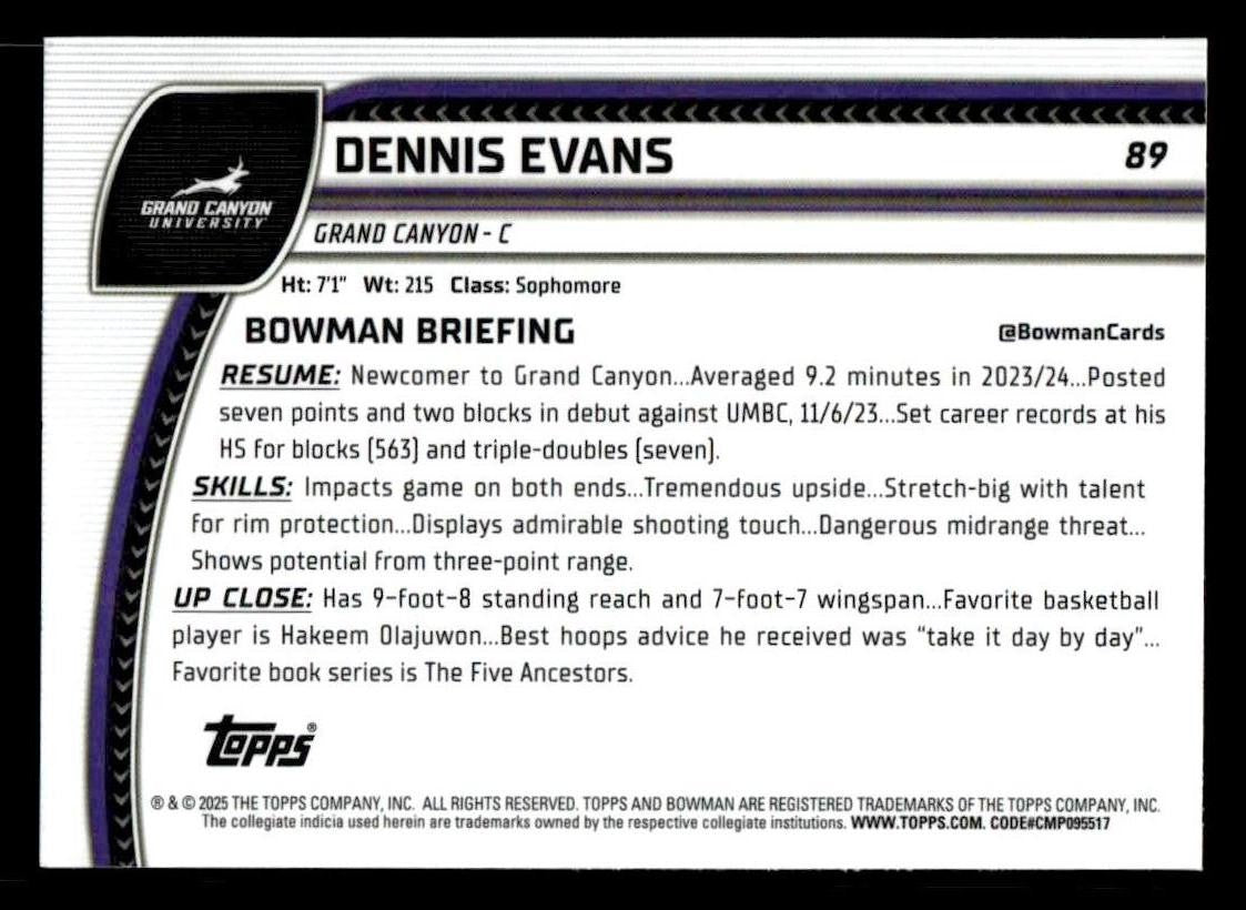2024-25 Bowman University Chrome #89 Dennis Evans