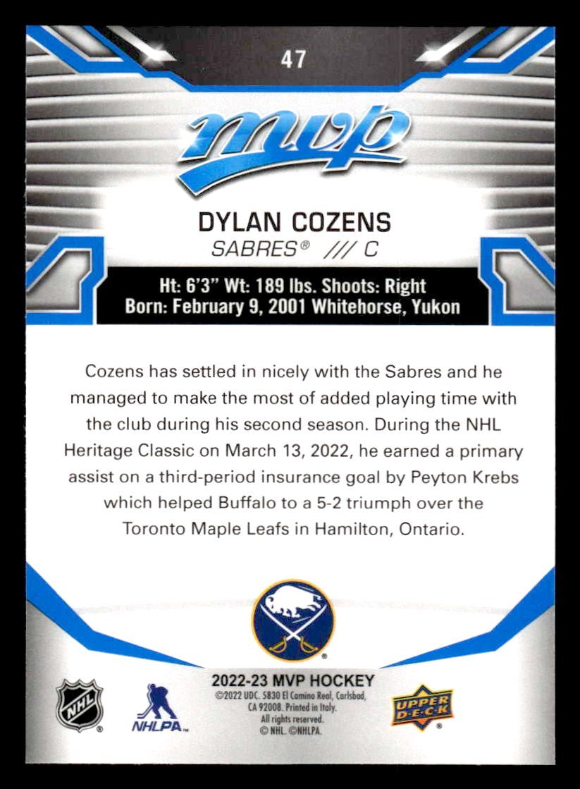 2022-23 Upper Deck MVP #47 Dylan Cozens Blue Script