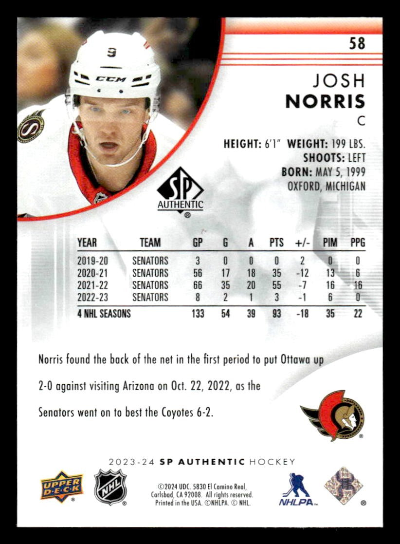 2023-24 SP Authentic #58 Josh Norris