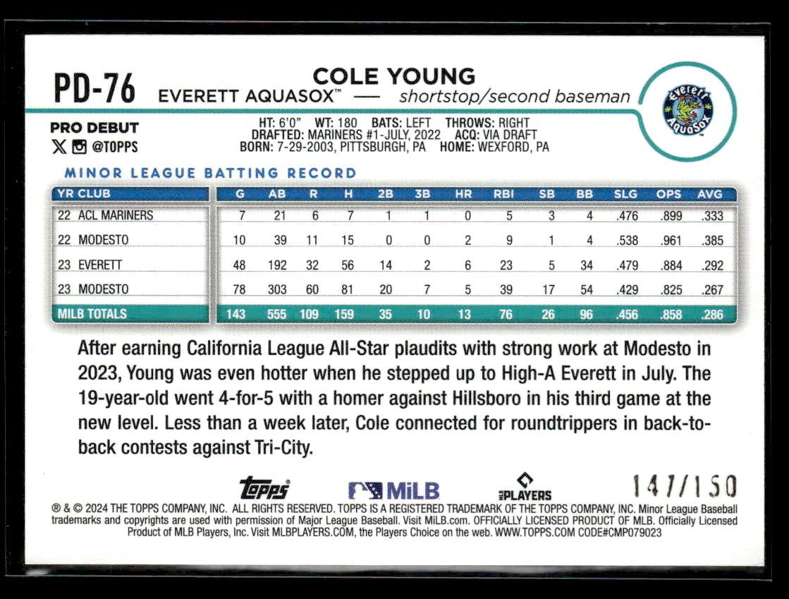 2024 Topps Pro Debut #PD-76 Cole Young Blue Foil #/150