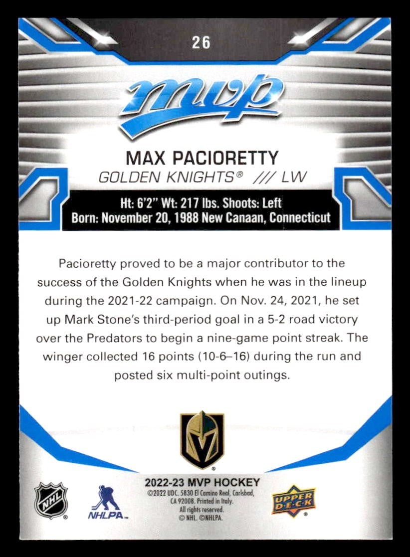 2022-23 Upper Deck MVP #26 Max Pacioretty Blue Script