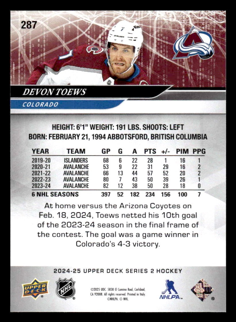 2024-25 Upper Deck #287 Devon Toews