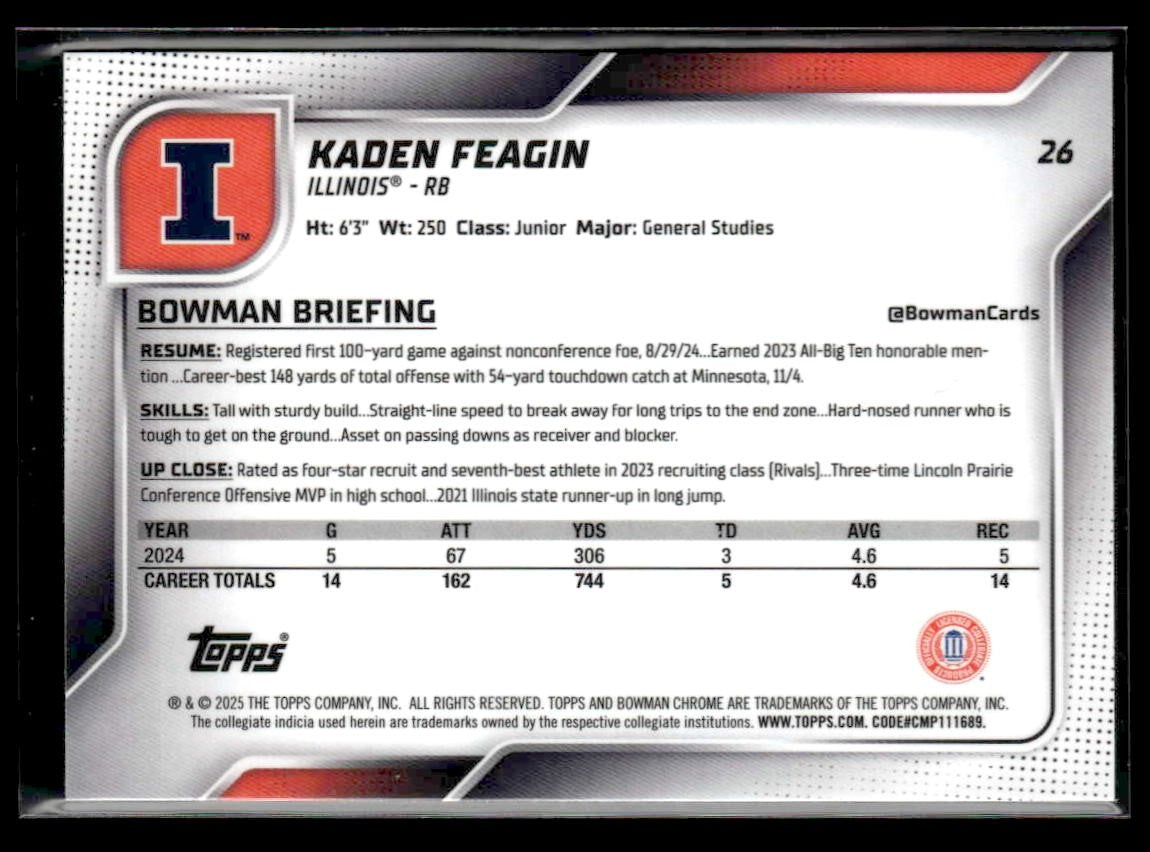2025 Bowman University Chrome #26 Kaden Feagin