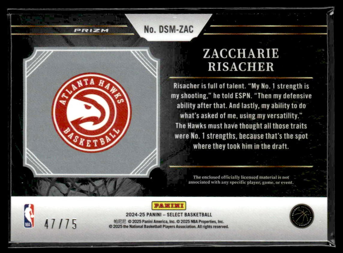 2024-25 Select #DSM-ZAC Zaccharie Risacher Draft Selections Mem Blue Prizms #/75