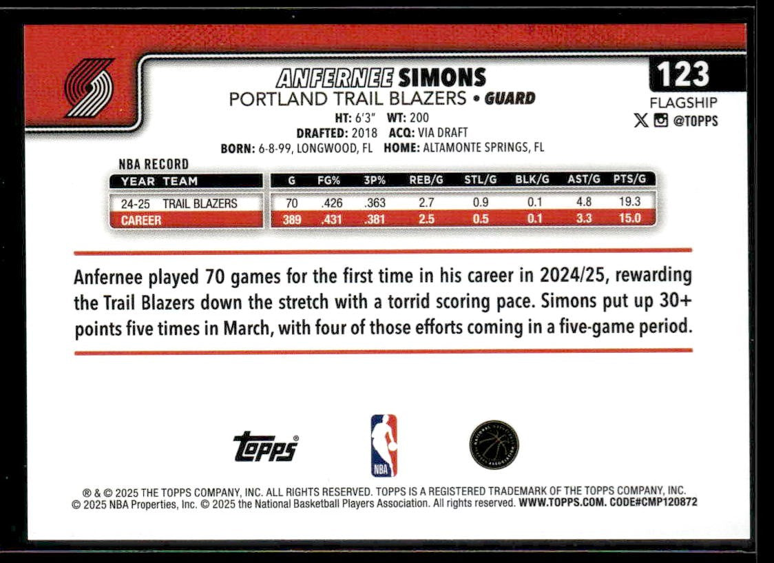 2025-26 Topps #123 Anfernee Simons