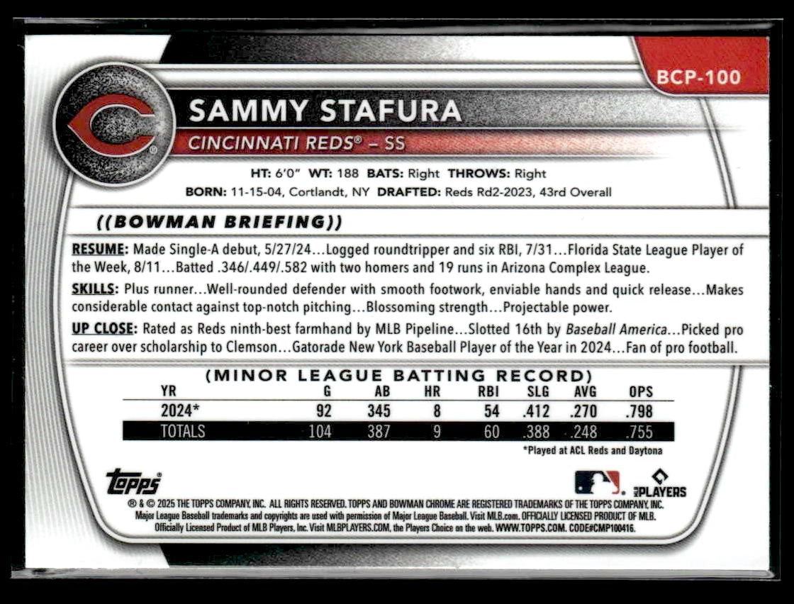 2025 Bowman #BCP-100 Sammy Stafura Chrome Prospects Fuchsia Refractor #/199