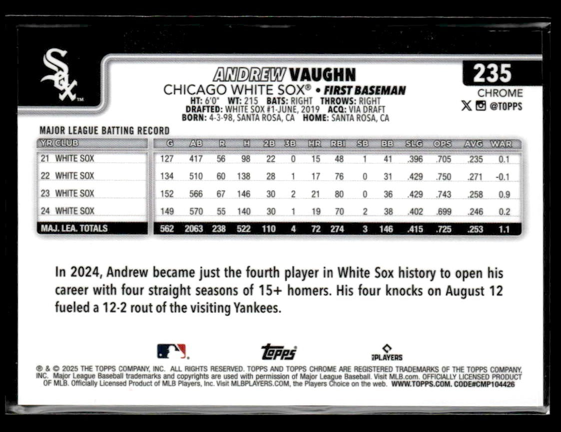 2025 Topps Chrome #235 Andrew Vaughn Orange Lava Refractors #/25