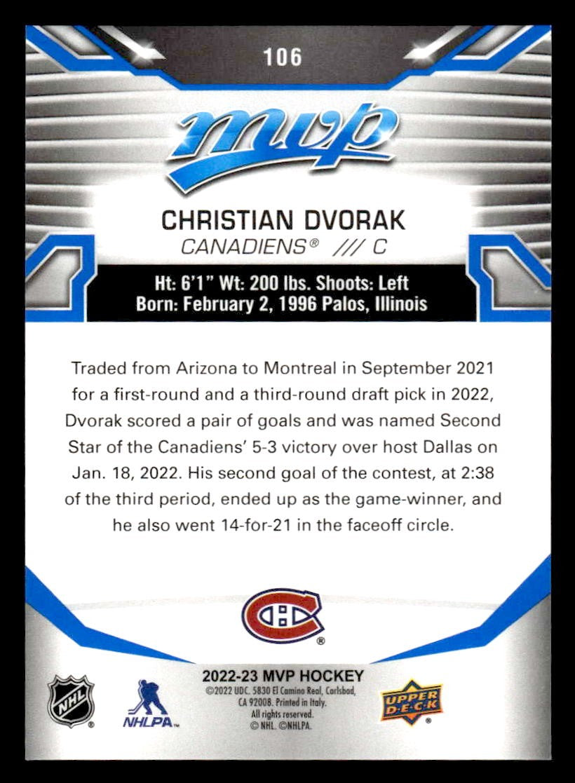 2022-23 Upper Deck MVP #106 Christian Dvorak Blue Script
